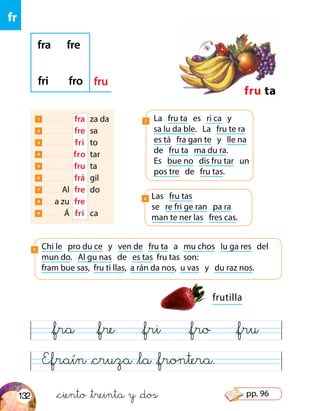 fr
Efraín &cruza &la &frontera.
&fra &fre &fri &fro &fru
frutilla
&ciento &treinta y &dos
1 	 	 fra	 za da
2 	 	 fre	 sa
3 	 	 fri	 to
4 	 	 fro	 tar
5 	 	 fru	 ta
6 	 	 frá	 gil
7 	 Al	 fre	 do	
8 	 a zu	 fre
9 	 Á	 fri	 ca
fra fre
fri fro fru
fru ta
Chi le pro du ce y ven de fru ta a mu chos lu ga res del
mun do. Al gu nas de es tas fru tas son:
fram bue sas, fru ti llas, a rán da nos, u vas y du raz nos.
3
La fru ta es ri ca y
sa lu da ble. La fru te ra
es tá fra gan te y lle na
de fru ta ma du ra.
Es bue no dis fru tar un
pos tre de fru tas.
1
Las fru tas
se re fri ge ran pa ra
man te ner las fres cas.
2
132 pp. 96
 