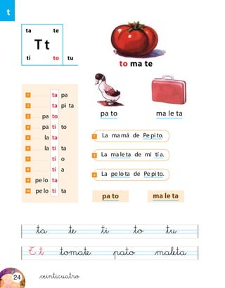 T &t &pato&tomate
&ta &te &ti &to &tu
&maleta
t
1 	 ta	pa
2 	 ta	 pi ta
3 pa	 to
4 pa	 ti 	 to
5 la	 ta
6 la	 ti	ta
7 	 tí	o
8 	 tí	a
9 pe lo	 ta
10 pe lo	 ti	 ta
to ma te
pa to ma le ta
pa to ma le ta
La ma má de Pe pi to.1
La ma le ta de mi tí a.2
La pe lo ta de Pe pi to.3
ta te
ti to
T t
tu
&veinticuatro24
 