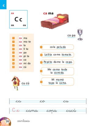 C &c &copa&cama
&ca &co &cu
&cucú
c
ca
co cu
C c
ca ma
co pa
1 ca	ma
2 ca	 mo te
3 co	 la
4 co	 li ta
5 co	 pa
6 co	 pi ta
7 co	 co
8 co	 mi da
10 cu	 cú
co la pe lu da1
Lo li ta co me to ma te.2
Pe pi to da me la co pa.3
Me co mo to da
la co mi da.
4
Mi ma má
ta pa la ca ma.
5
cu cú
&veintiseis26
 