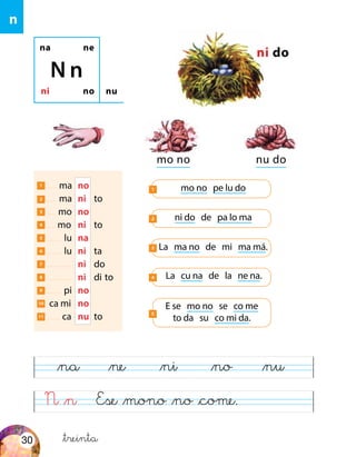 N &n Ese &mono &no &come.
&na &ne &ni &no &nu
na ne
ni no
N n
nu
ni do
mo no nu do
mo no pe lu do1
ni do de pa lo ma2
La ma no de mi ma má.3
La cu na de la ne na.4
E se mo no se co me
to da su co mi da.
5
1 ma	 no
2 ma	 ni	to
3 mo	 no
4 mo	 ni	 to
5 lu	 na
6 lu	 ni	 ta
7 	 ni	do
8 	 ni	 di	to
9 pi	 no
10 ca mi	 no
11 ca	 nu	to
n
&treinta30
 
