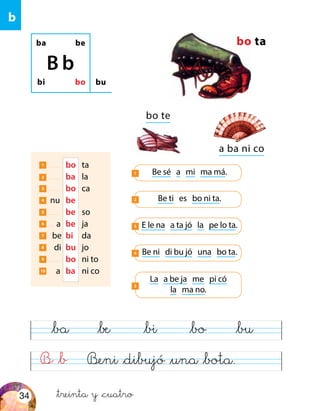 B &b Beni &dibujó &una &bota.
&ba &be &bi &bo &bu
ba be
bi bo
B b
bu
bo ta
bo te
a ba ni co
Be sé a mi ma má.1
Be ti es bo ni ta.2
1 	 bo	ta
2 	 ba	la
3 	 bo	ca
4 nu	 be
5 	 be	so
6 a	 be	ja
7 be	bi	 da
8 di	bu	 jo
9 	 bo	 ni to
10 a	 ba	 ni co
E le na a ta jó la pe lo ta.3
Be ni di bu jó una bo ta.4
La a be ja me pi có
la ma no.
5
b
&treinta y &cuatro34
 