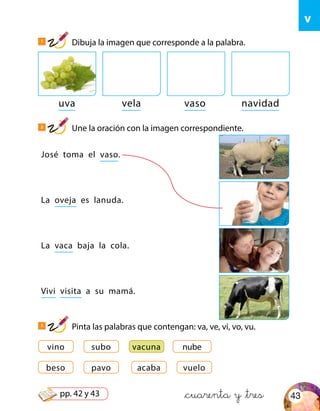 uva vela vaso navidad
José toma el vaso.
La oveja es lanuda.
La vaca baja la cola.
Vivi visita a su mamá.
beso
vino
acaba
subo
pavo vuelo
vacuna nube
v
1
Dibuja la imagen que corresponde a la palabra.
3
Pinta las palabras que contengan: va, ve, vi, vo, vu.
2
Une la oración con la imagen correspondiente.
&cuarenta y &tres 43pp. 42 y 43
 
