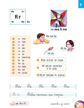 R &r Rita &revisa &su &ropa.
Ra Re Ri Ro Ru
R
Ra Re
Ri Ro
R r
Ru
re mo li no
ro sa
Re na to
Re né rom pió la re pi sa.3
1 	 ra	mo
2 	 re	mo
3 	 ri	sa
4 	 ro	pa
5 	 ru	ca
6 	 ra	ta
7 	 re	 mo li no
8 	 Ri	ta
9 	 Ro	sa
10 	 Ru	bén
11 	 Re	né
12 	 Re	 na to
Mi pe rro co rre tea
a la ra ta.
2
Ri ta
Ri ta re vi sa su ro pa.1
&sesenta y &uno 61pp. 56 y 57
 