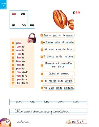 panan en
in on un
1 	 pan
2 	 can	to
3 	 men	ta
4 	 tin	ta
5 	 len	 te
6 	 ban	co
7 	 ton	 to
8 	 pun	to
9 	 can	 da do
10 	 ven	 ta na
11 	 pin	 tu ra
12 lin 	ter na
Pon el pan en la me sa.1
Al fon so su be al mon te.2
Mi man ta es de la na.3
El ban co es de ma de ra.4
Qui ta el be tún.6
Man ché mi pan ta lón
con tin ta.
5
El me lón es tá ver de.7
No u ses tan ta pin tu ra.8
Alonso &pinta &su &pandero.
&an &en &in &on &un
an en
in
on un
&ochenta80 pp. 70 y 71
 