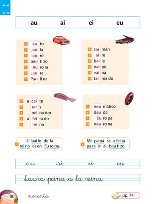 &noventa
Laura &peina &a &la &reina.
&au &ai &ei &eu
au ai
ei eu
El bai le de la
rei na es en Eu ro pa.
au ai ei eu
1 	 au	to
2 	 jau	la
3 	 lau	rel
4 	 bau	 ti zo
5 	 Au	 ro ra
6 	 Lau	ra
7 	 Pau	 li na
8 	 cai	mán
9 	 ai	re
10 	 bai	le
11 	 nai	pe
12 	 vai	na
13 	 tai	 ma do
1 a 	cei	 te
2 	 sei	s
3 	 pei	 na dor
5 a 	 fei	 ta do
6 	 rei	na
7 	 neu	mático
8 	 deu	da
9 	 Eu	ro pa
10 	 neu	 ro na
1
Mi pa pá se a fei ta
pa ra ir al bau ti zo.
2
90 pp. 74
 