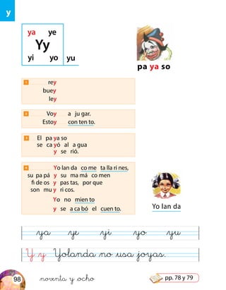 Y &y Yolanda &no &usa &joyas.
&ya &ye &yi &yo &yu
y
pa ya so
ya ye
yi yo yu
1 rey
buey
ley
2 Voy a ju gar.
Estoy con ten to.
Yy
4 Yo lan da co me ta lla ri nes,
su pa pá y su ma má co men
son mu y ri cos.
Yo no mien to
y se a ca bó el cuen to.
fi de os y pas tas, por que
3 El pa ya so
y se rió.
se ca yó al a gua
Yo lan da
&noventa y &ocho98 pp. 78 y 79
 
