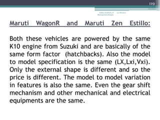 119

                               Indian Institute of   12/18/2012
                              Management Raipur




Maruti   WagonR    and    Maruti               Zen                Estillo:

Both these vehicles are powered by the same
K10 engine from Suzuki and are basically of the
same form factor (hatchbacks). Also the model
to model specification is the same (LX,Lxi,Vxi).
Only the external shape is different and so the
price is different. The model to model variation
in features is also the same. Even the gear shift
mechanism and other mechanical and electrical
equipments are the same.
 