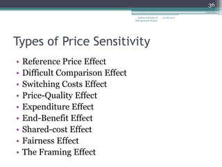 36

                                   Indian Institute of   12/18/2012
                                  Management Raipur




Types of Price Sensitivity
•   Reference Price Effect
•   Difficult Comparison Effect
•   Switching Costs Effect
•   Price-Quality Effect
•   Expenditure Effect
•   End-Benefit Effect
•   Shared-cost Effect
•   Fairness Effect
•   The Framing Effect
 