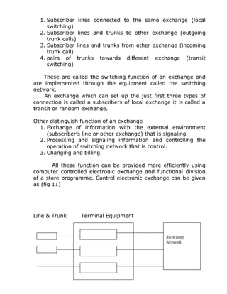 1. Subscriber lines connected to the same exchange (local
switching)
2. Subscriber lines and trunks to other exchange (outgoing
trunk calls)
3. Subscriber lines and trunks from other exchange (incoming
trunk call)
4. pairs of trunks towards different exchange (transit
switching)
These are called the switching function of an exchange and
are implemented through the equipment called the switching
network.
An exchange which can set up the just first three types of
connection is called a subscribers of local exchange it is called a
transit or random exchange.
Other distinguish function of an exchange
1. Exchange of information with the external environment
(subscriber’s line or other exchange) that is signaling.
2. Processing and signaling information and controlling the
operation of switching network that is control.
3. Changing and billing.
All these function can be provided more efficiently using
computer controlled electronic exchange and functional division
of a store programme. Control electronic exchange can be given
as (fig 11)
Line & Trunk Terminal Equipment
27
Switching
Network
 