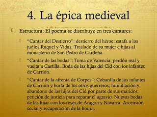 4. La épica medieval


Estructura: El poema se distribuye en tres cantares:


“Cantar del Destierro”: destierro del héroe; estafa a los
judíos Raquel y Vidas; Traslado de su mujer e hijas al
monasterio de San Pedro de Cardeña.



“Cantar de las bodas”: Toma de Valencia; perdón real y
vuelta a Castilla. Boda de las hijas del Cid con los infantes
de Carrión.



“Cantar de la afrenta de Corpes”: Cobardía de los infantes
de Carrión y burla de los otros guerreros; humillación y
abandono de las hijas del Cid por parte de sus maridos;
petición de justicia para reparar el agravio. Nuevas bodas
de las hijas con los reyes de Aragón y Navarra. Ascensión
social y recuperación de la honra.

 