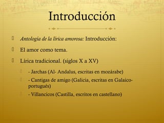 Introducción


Antología de la lírica amorosa: Introducción:



El amor como tema.



Lírica tradicional. (siglos X a XV)


- Jarchas (Al- Andalus, escritas en mozárabe)



- Cantigas de amigo (Galicia, escritas en Galaicoportugués)



- Villancicos (Castilla, escritos en castellano)

 