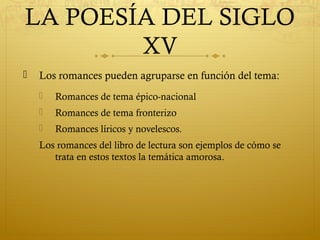 LA POESÍA DEL SIGLO
XV


Los romances pueden agruparse en función del tema:


Romances de tema épico-nacional



Romances de tema fronterizo



Romances líricos y novelescos.

Los romances del libro de lectura son ejemplos de cómo se
trata en estos textos la temática amorosa.

 