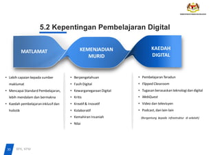 KAEDAH
DIGITAL
MATLAMAT KEMENJADIAN
MURID
5.2 Kepentingan Pembelajaran Digital
• Berpengetahuan
• Fasih Digital
• KewarganegaraanDigital
• Kritis
• Kreatif & Inovatif
• Kolaboratif
• Kemahiran Insaniah
• Nilai
(Bergantung kepada infrastruktur di sekolah)
• Pembelajaran Teradun
• Flipped Classroom
• Tugasan berasaskan teknologidan digital
• WebQuest
• Video dan televisyen
• Podcast, dan lain-lain
• Lebih capaian kepada sumber
maklumat
• Mencapai Standard Pembelajaran,
lebih mendalam dan bermakna
• Kaedah pembelajaraninklusif dan
holistik
30 BPK, KPM
 