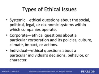 Copyright © 2012 Pearson Education, Inc. All rights reserved.
Types of Ethical Issues
• Systemic—ethical questions about t...