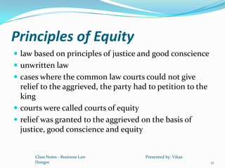 Principles of Equity
 law based on principles of justice and good conscience
 unwritten law
 cases where the common law courts could not give
  relief to the aggrieved, the party had to petition to the
  king
 courts were called courts of equity
 relief was granted to the aggrieved on the basis of
  justice, good conscience and equity


      Class Notes - Business Law        Presented by: Vikas
      Dongre                                                  12
 
