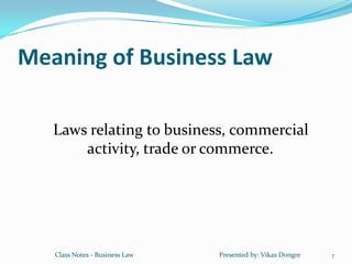 Meaning of Business Law

   Laws relating to business, commercial
       activity, trade or commerce.




   Class Notes - Business Law   Presented by: Vikas Dongre   7
 