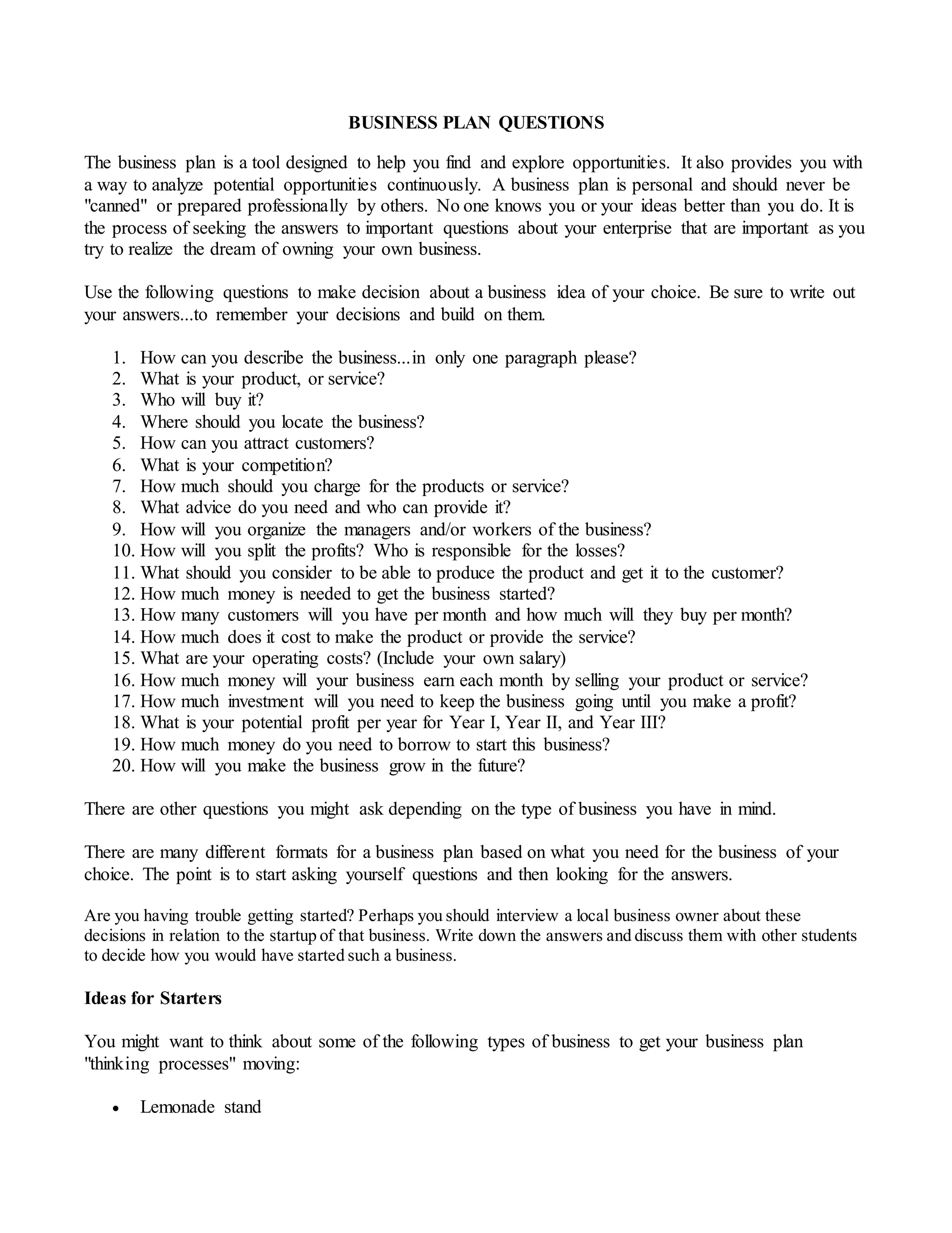 1 business plan questions 2 | DOCX