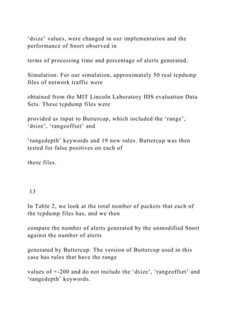 ‘dsize’ values, were changed in our implementation and the
performance of Snort observed in
terms of processing time and percentage of alerts generated.
Simulation: For our simulation, approximately 50 real tcpdump
files of network traffic were
obtained from the MIT Lincoln Laboratory IDS evaluation Data
Sets. These tcpdump files were
provided as input to Buttercup, which included the ‘range’,
‘dsize’, ‘rangeoffset’ and
‘rangedepth’ keywords and 19 new rules. Buttercup was then
tested for false positives on each of
these files.
13
In Table 2, we look at the total number of packets that each of
the tcpdump files has, and we then
compare the number of alerts generated by the unmodified Snort
against the number of alerts
generated by Buttercup. The version of Buttercup used in this
case has rules that have the range
values of +-200 and do not include the ‘dsize’, ‘rangeoffset’ and
‘rangedepth’ keywords.
 