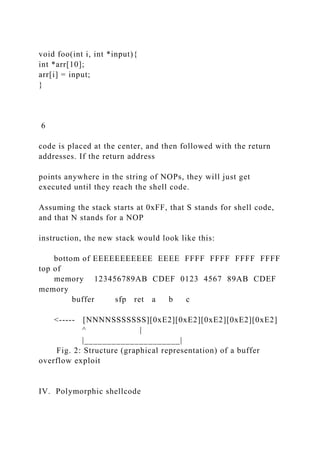 void foo(int i, int *input){
int *arr[10];
arr[i] = input;
}
6
code is placed at the center, and then followed with the return
addresses. If the return address
points anywhere in the string of NOPs, they will just get
executed until they reach the shell code.
Assuming the stack starts at 0xFF, that S stands for shell code,
and that N stands for a NOP
instruction, the new stack would look like this:
bottom of EEEEEEEEEEE EEEE FFFF FFFF FFFF FFFF
top of
memory 123456789AB CDEF 0123 4567 89AB CDEF
memory
buffer sfp ret a b c
<----- [NNNNSSSSSSS][0xE2][0xE2][0xE2][0xE2][0xE2]
^ |
|_____________________|
Fig. 2: Structure (graphical representation) of a buffer
overflow exploit
IV. Polymorphic shellcode
 