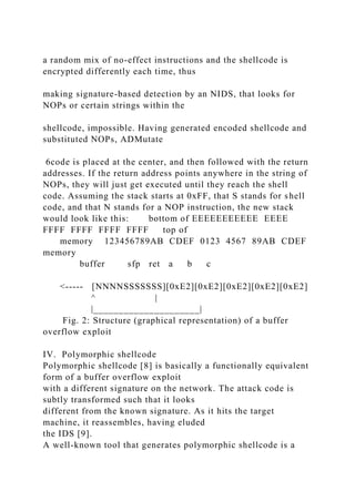 a random mix of no-effect instructions and the shellcode is
encrypted differently each time, thus
making signature-based detection by an NIDS, that looks for
NOPs or certain strings within the
shellcode, impossible. Having generated encoded shellcode and
substituted NOPs, ADMutate
6code is placed at the center, and then followed with the return
addresses. If the return address points anywhere in the string of
NOPs, they will just get executed until they reach the shell
code. Assuming the stack starts at 0xFF, that S stands for shell
code, and that N stands for a NOP instruction, the new stack
would look like this: bottom of EEEEEEEEEEE EEEE
FFFF FFFF FFFF FFFF top of
memory 123456789AB CDEF 0123 4567 89AB CDEF
memory
buffer sfp ret a b c
<----- [NNNNSSSSSSS][0xE2][0xE2][0xE2][0xE2][0xE2]
^ |
|_____________________|
Fig. 2: Structure (graphical representation) of a buffer
overflow exploit
IV. Polymorphic shellcode
Polymorphic shellcode [8] is basically a functionally equivalent
form of a buffer overflow exploit
with a different signature on the network. The attack code is
subtly transformed such that it looks
different from the known signature. As it hits the target
machine, it reassembles, having eluded
the IDS [9].
A well-known tool that generates polymorphic shellcode is a
 