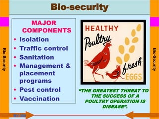 Bio-security
Bio-Security
Bio-Security
BV-300
MAJOR
COMPONENTS
• Isolation
• Traffic control
• Sanitation
• Management &
placement
programs
• Pest control
• Vaccination
“THE GREATEST THREAT TO
THE SUCCESS OF A
POULTRY OPERATION IS
DISEASE”.
 