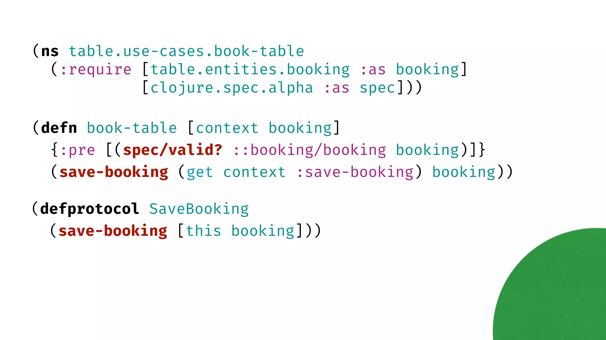 (ns table.use-cases.book-table (:require [table.entities.booking :as booking] [clojure.spec.alpha :as spec])) (defn book-table [context booking] {:pre [(spec/valid? ::booking/booking booking)]} (save-booking (get context :save-booking) booking)) (defprotocol SaveBooking (save-booking [this booking])) 