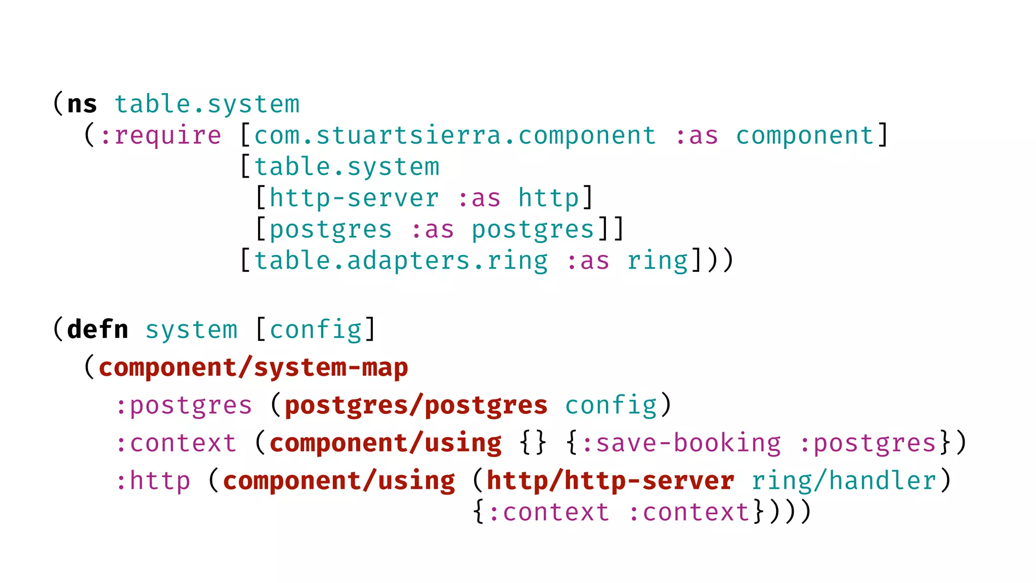 (ns table.system (:require [com.stuartsierra.component :as component] [table.system [http-server :as http] [postgres :as postgres]] [table.adapters.ring :as ring])) (defn system [config] (component/system-map :postgres (postgres/postgres config) :context (component/using {} {:save-booking :postgres}) :http (component/using (http/http-server ring/handler) {:context :context}))) 