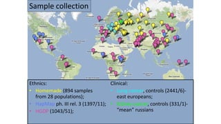 Ethnics:
• Homemade (894 samples
from 28 populations);
• HapMap ph. III rel. 3 (1397/11);
• HGDP (1043/51);
Clinical:
• Lung cancer, controls (2441/6)-
east europeans;
• Kidney cancer, controls (331/1)-
“mean” russians
Sample collection
 