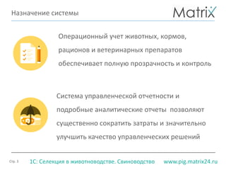 Стр. 3 www.pig.matrix24.ru1С: Селекция в животноводстве. Свиноводство
Назначение системы
Операционный учет животных, кормов,
рационов и ветеринарных препаратов
обеспечивает полную прозрачность и контроль
Система управленческой отчетности и
подробные аналитические отчеты позволяют
существенно сократить затраты и значительно
улучшить качество управленческих решений
 