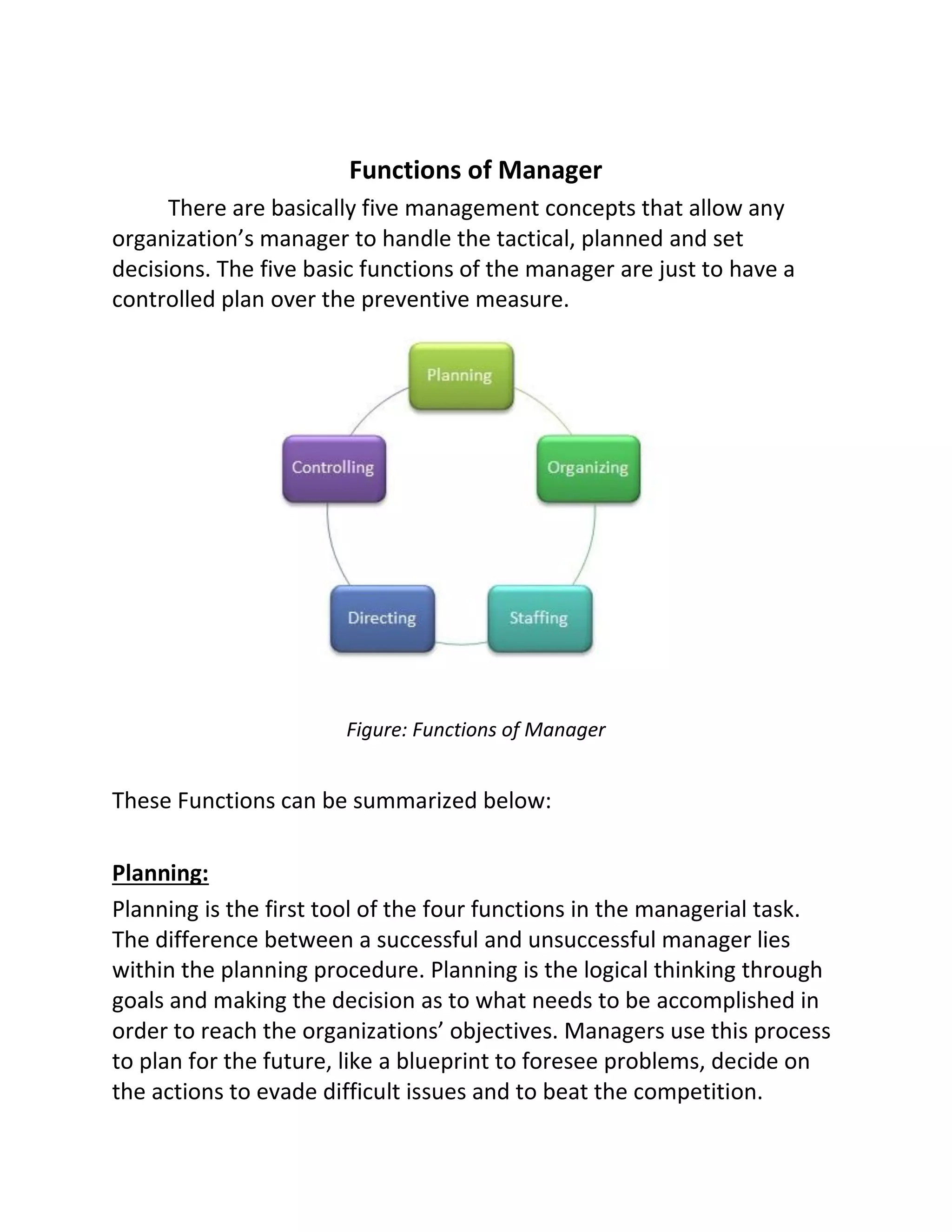 Functions of Manager
There are basically five management concepts that allow any
organization’s manager to handle the tactical, planned and set
decisions. The five basic functions of the manager are just to have a
controlled plan over the preventive measure.
Figure: Functions of Manager
These Functions can be summarized below:
Planning:
Planning is the first tool of the four functions in the managerial task.
The difference between a successful and unsuccessful manager lies
within the planning procedure. Planning is the logical thinking through
goals and making the decision as to what needs to be accomplished in
order to reach the organizations’ objectives. Managers use this process
to plan for the future, like a blueprint to foresee problems, decide on
the actions to evade difficult issues and to beat the competition.
 