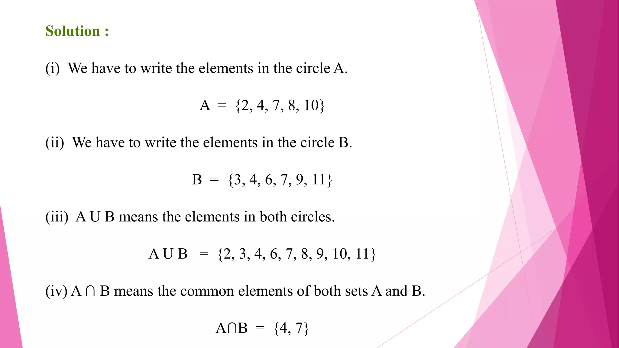 Solution :
(i) We have to write the elements in the circle A.
A = {2, 4, 7, 8, 10}
(ii) We have to write the elements in the circle B.
B = {3, 4, 6, 7, 9, 11}
(iii) A U B means the elements in both circles.
A U B = {2, 3, 4, 6, 7, 8, 9, 10, 11}
(iv) A ∩ B means the common elements of both sets A and B.
A∩B = {4, 7}
 