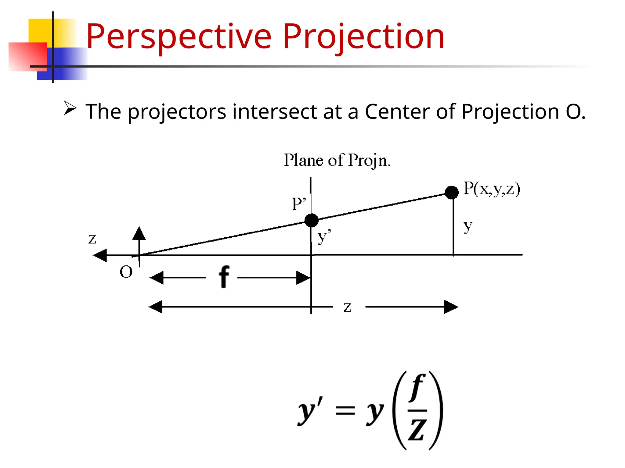 Perspective Projection
 The projectors intersect at a Center of Projection O.
 
