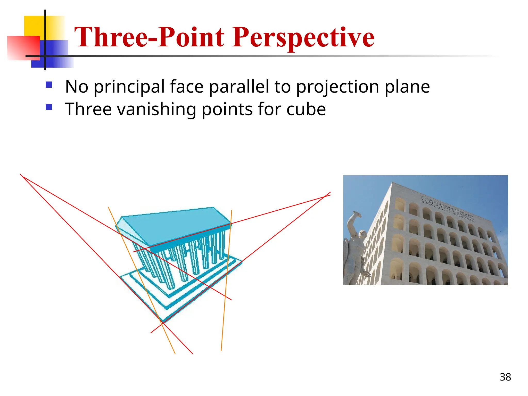 38
Three-Point Perspective
 No principal face parallel to projection plane
 Three vanishing points for cube
 