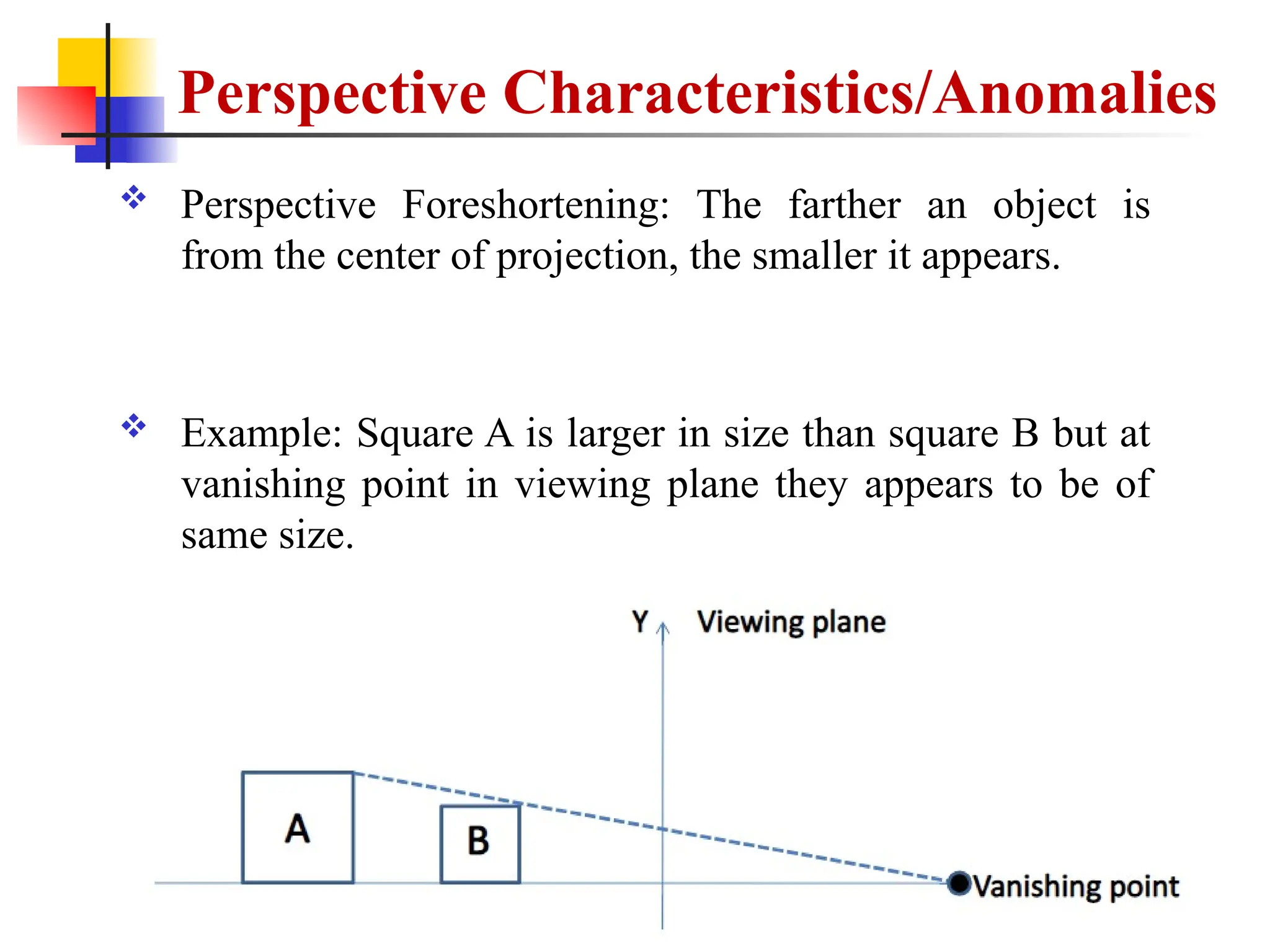 Perspective Characteristics/Anomalies
 Perspective Foreshortening: The farther an object is
from the center of projection, the smaller it appears.
 Example: Square A is larger in size than square B but at
vanishing point in viewing plane they appears to be of
same size.
 