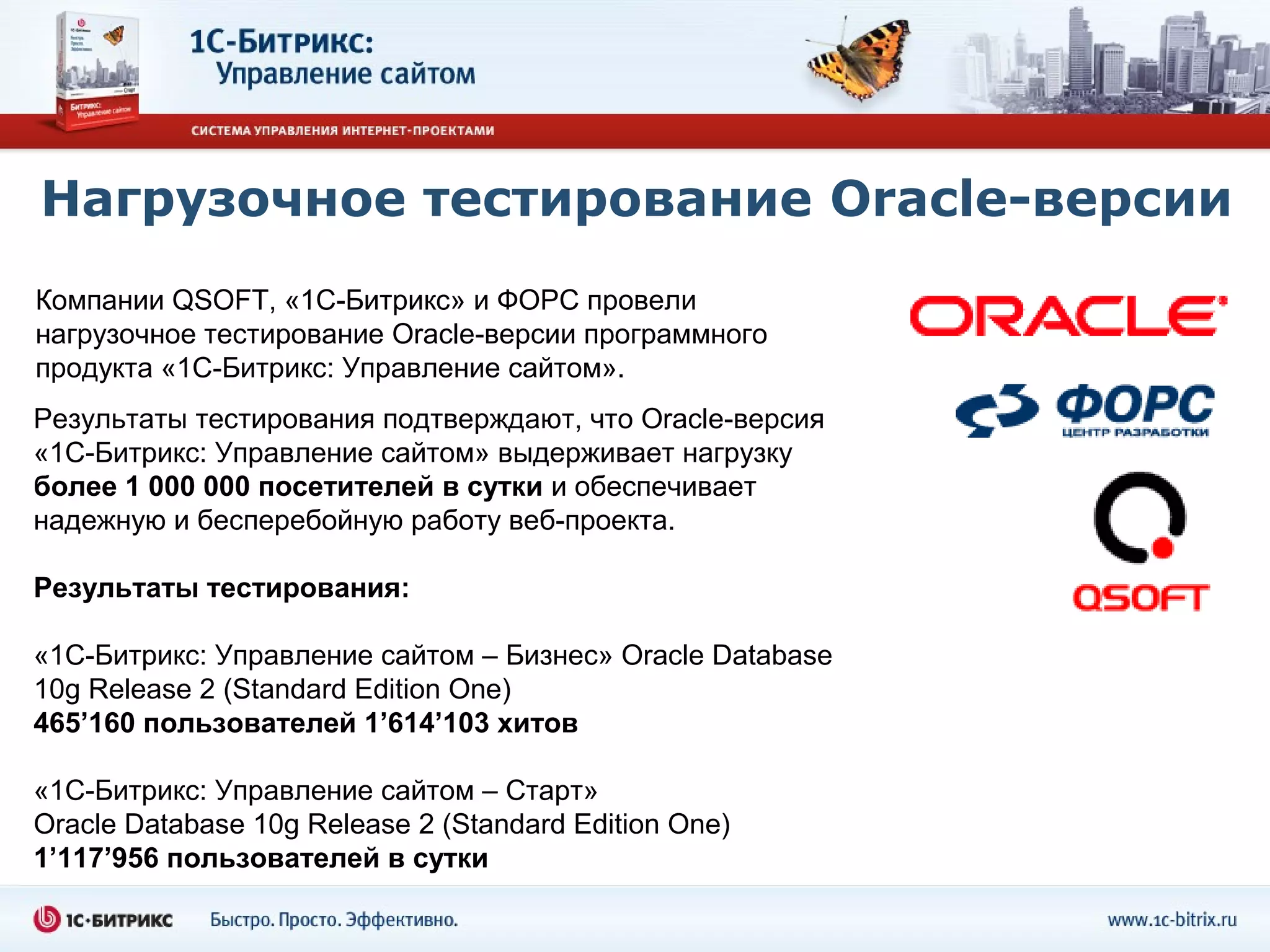 Нагрузочное тестирование Oracle-версии
Компании QSOFT, «1С-Битрикс» и ФОРС провели
нагрузочное тестирование Oracle-версии программного
продукта «1С-Битрикс: Управление сайтом».
Результаты тестирования подтверждают, что Oracle-версия
«1С-Битрикс: Управление сайтом» выдерживает нагрузку
более 1 000 000 посетителей в сутки и обеспечивает
надежную и бесперебойную работу веб-проекта.

Результаты тестирования:

«1С-Битрикс: Управление сайтом – Бизнес» Oracle Database
10g Release 2 (Standard Edition One)
465’160 пользователей 1’614’103 хитов

«1С-Битрикс: Управление сайтом – Старт»
Oracle Database 10g Release 2 (Standard Edition One)
1’117’956 пользователей в сутки
 