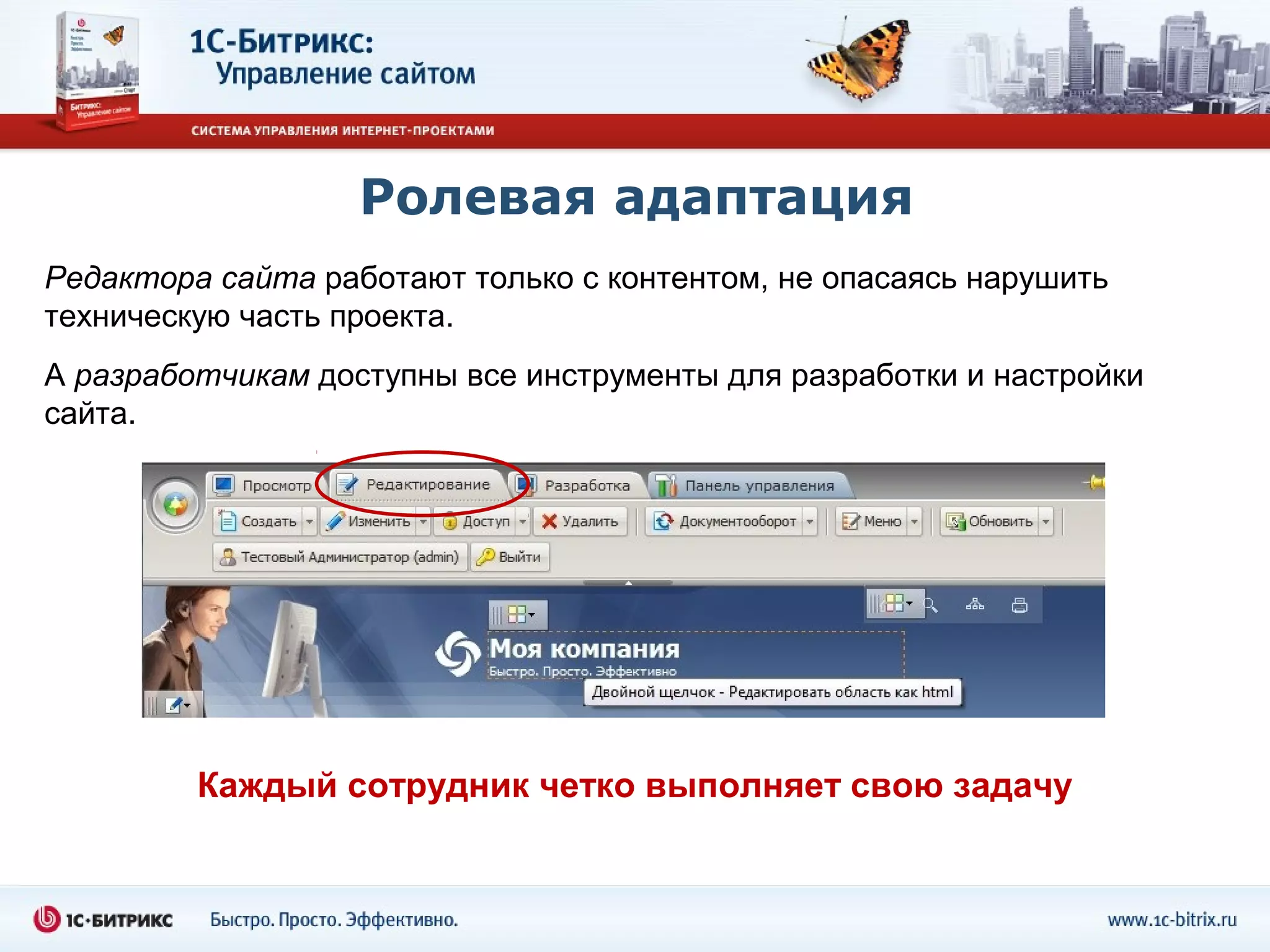 Ролевая адаптация
Редактора сайта работают только с контентом, не опасаясь нарушить
техническую часть проекта.
А разработчикам доступны все инструменты для разработки и настройки
сайта.




         Каждый сотрудник четко выполняет свою задачу
 