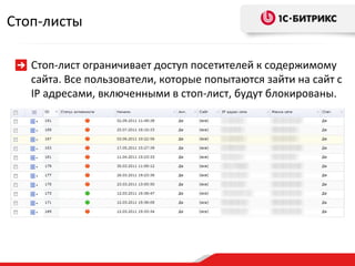 Стоп-листы Стоп-лист ограничивает доступ посетителей к содержимому сайта. Все пользователи, которые попытаются зайти на сайт с IP адресами, включенными в стоп-лист, будут блокированы. 