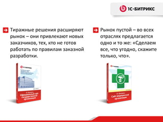Тиражные решения расширяют рынок – они привлекают новых заказчиков, тех, кто не готов работать по правилам заказной разработки. Рынок пустой – во всех отраслях предлагается одно и то же: «Сделаем все, что угодно, скажите только, что». 