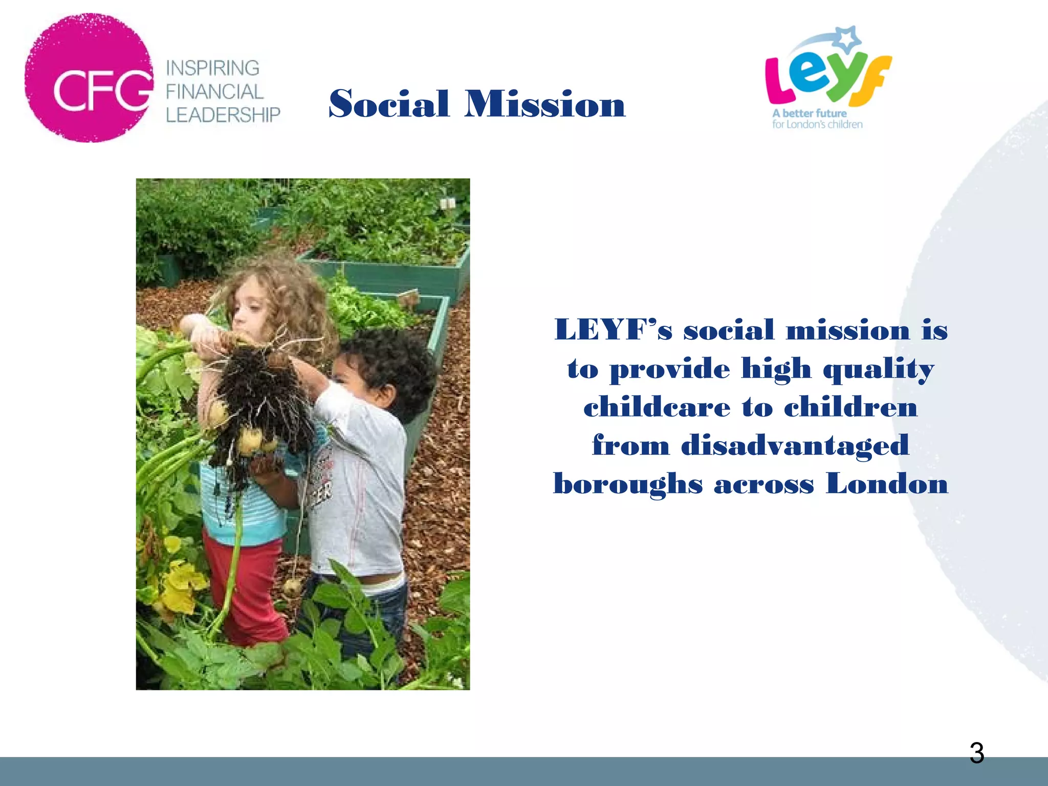 LEYF’s social mission is
to provide high quality
childcare to children
from disadvantaged
boroughs across London
Social Mission
3
 