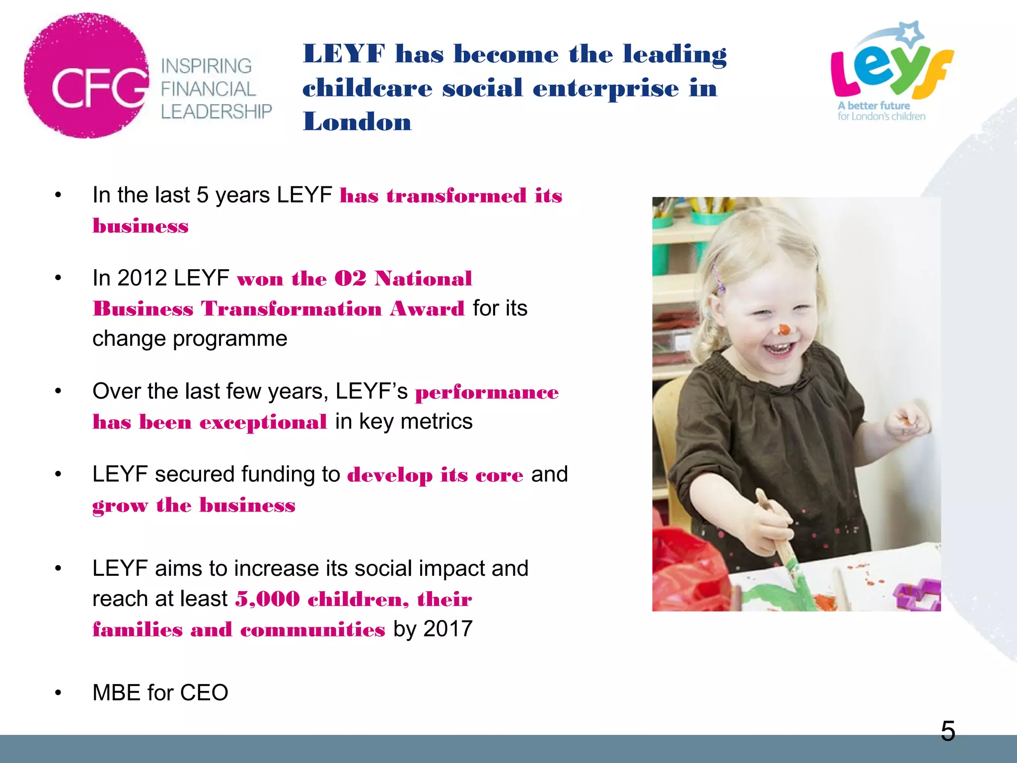• In the last 5 years LEYF has transformed its
business
• In 2012 LEYF won the O2 National
Business Transformation Award for its
change programme
• Over the last few years, LEYF’s performance
has been exceptional in key metrics
• LEYF secured funding to develop its core and
grow the business
• LEYF aims to increase its social impact and
reach at least 5,000 children, their
families and communities by 2017
• MBE for CEO
LEYF has become the leading
childcare social enterprise in
London
5
 