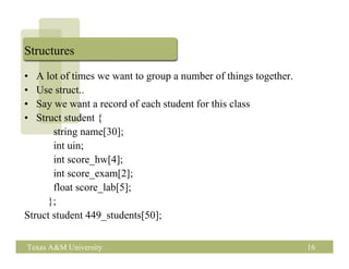 Structures

•  A lot of times we want to group a number of things together.
•  Use struct..
•  Say we want a record of each student for this class
•  Struct student {
       string name[30];
       int uin;
       int score_hw[4];
       int score_exam[2];
       float score_lab[5];
      };
Struct student 449_students[50];

Texas A&M University                                              16
 