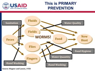This is PRIMARY
PREVENTION
Fields
Fluids
Fingers
Flies
Feces Food
New
Host
Hand Washing
Source: Wagner and Lanoix, 1958
Water Quality
Water Quantity
Food Hygiene
Hand Washing
Sanitation
WORMS!
 