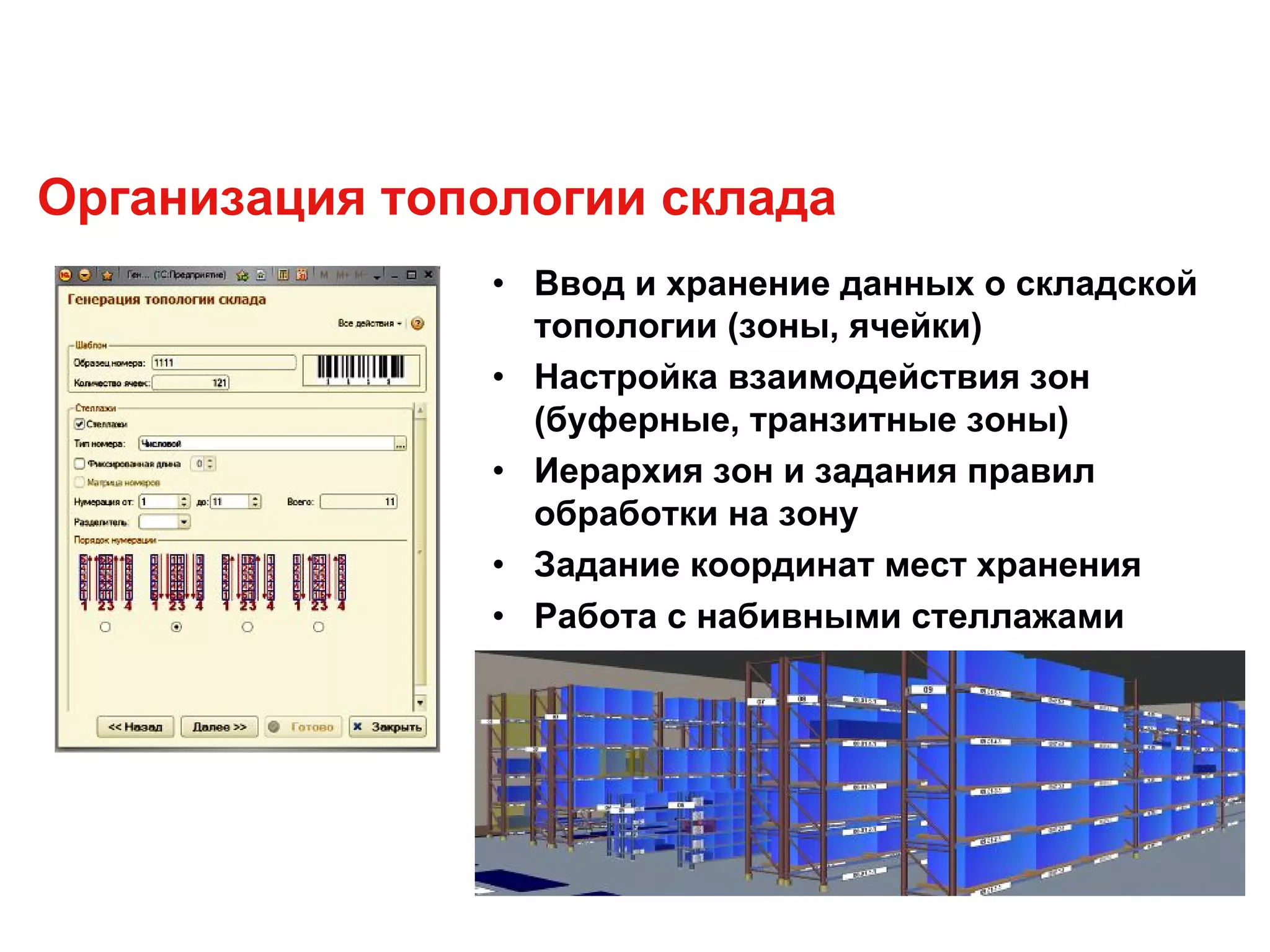 Организация топологии склада
• Ввод и хранение данных о складской
топологии (зоны, ячейки)
• Настройка взаимодействия зон
(буферные, транзитные зоны)
• Иерархия зон и задания правил
обработки на зону
• Задание координат мест хранения
• Работа с набивными стеллажами
 
