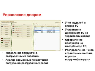 Управление двором
• Учет моделей и
списка ТС
• Управление
движением ТС на
территории склада
• Оформление
пропусков на
въезд/выезд ТС;
• Распределение ТС по
стояночным местам,
воротам
погрузки/разгрузки
• Управление погрузочно-
разгрузочными работами
• Анализ временных показателей
погрузочно-разгрузочных работ
 