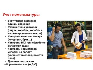 • Учет товара в разрезе
единиц хранения
• Разные типы упаковок
(штуки, коробки, коробки с
нефиксированным весом)
• Контроль качества товара
(кондиция, брак…)
• Контроль ВГХ при обработке
складских задач
• Контроль нормативов
укладки на паллет
(количество слоев, высота
слоя)
• Деление по классам
оборачиваемости (А,В,C)
Учет номенклатуры
 