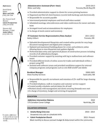 Administrative Assistant (Part- time) 2010-2013
Bitter and Salty Toronto/North Bay,ON
 Provided administrative support to clients for screen printing business
 Organized and filed all client business records both hardcopy and electronically
 Responsible for accounts payable
 Interviewed potential employees and hired staff when needed
 Scheduled meetings, teleconferences and video-conferences for owner and sales
team
 Arranged travel and accommodations for employees
 In charge of stock control and inventory
IT Customer Service Representative/Data Analyst 2011-2012
Astley Gilbert Toronto, ON
 Uploaded developmental blueprints and created online portals for very large
document management and digital print company
 Updated and maintained building phases for crews and architects online
allowing them to view blueprints and updates digitally
 Performed data-entry and captured all phases of construction process including
records of all addendums/changes.
 Provided customer support by assisting with log in malfunctions and software
issues
 Provided different levels of online access for trades and individuals within a
project using FTP
 Assisted with software issues and provided installation support for internal
company programs and programs such as win-RAR winZIP and Adobe
Resident Manager 2008-2009
Omni Facility Services Saint John, NB
 Responsible for payroll, recruitment and retention of 25+ staff for large cleaning
company
 Provided telephone, walk in reception and customer service support
 Created weekly schedules and job duties for all staff
 Worked closely with management and clients ensuring demands were met
 In charge of inventory, budget and servicing of equipment
EDUCATION
Addictions Intervention Diploma 2010
CTS Canadian Career College North Bay, ON
VOLUNTEER EXPERIENCE
 Amelia Rising Crisis Line 2010 – 2014
Answered crisis calls on scheduled shifts
 Calvin Presbyterian Church 2015- Present
Meet monthly to discuss outreach budget & disbursment within the community
References:
David Clarke
Owner
Bitter and Salty
(705) 358-7544
Rev. Frances Savill
Minister
Calvin Presbyterian
(705) 474-4750
Shannon Bell
Manager, IT Dept.
Astley Gilbert
(416) 288-1706
To make a difference
in the world, we must
be different from the
world…
 