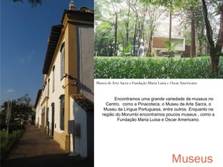 Museu de Arte Sacra e Fundação Maria Luisa e Oscar Americano
Encontramos uma grande variedade de museus no
Centro, como a Pinacoteca, o Museu de Arte Sacra, o
Museu da Língua Portuguesa, entre outros. Enquanto na
região do Morumbi encontramos poucos museus , como a
Fundação Maria Luisa e Oscar Americano.

Museus

 