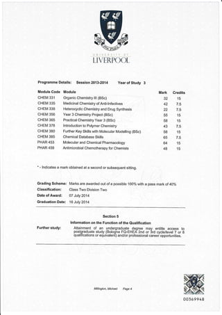 illli"/F.RS!'lv ili:
LIVERPOOL
Programme Details: Session 2013-2014 Year of Study
Module Gode Module
CHEM 331 Organic Chemistry lll (BSc)
CHEM 335 Medicinal Chemistry of Anti-lnfectives
CHEM 338 Heterocyclic Chemistry and Drug Synthesis
CHEM 356 Year 3 Chemistry Project (BSc)
CHEM 365 Practical Chemistry Year 3 (BSc)
CHEM 378 Introduction to Polymer Chemistry
CHEM 380 Further Key Skills with Molecular Modeiling (BSc)
CHEM 385 Chemical Database Skitts
PHAR 453 Molecular and Chemical Pharmacology
PHAR 459 Antimicrobial Chemotherapy for Chemists
Mark Credits
32 15
42 7.5
22 7.5
55 15
58 15
43 7.5
58 15
65 7.5
64 15
48 15
" - Indicates a mark obtained at a second or subsequent sitting.
Grading Scheme: Marks are awarded out of a possible 100% with a pass mark of 40%
Classifieation: Class Two Division Two
Date of Award: 07 July 2014
Graduation Date: 16 July 2014
Further study:
Section 5
lnformation on the Function of the Qualification
Attainment of an undergraduate degree may entifle access to
postgraduate study (Bologna FQ-EHEA 2nd or 3rd cycle/level 7 or B
qualifications or equivalent) and/or professional careeiopportunities.
Millington, Michael Page 4
s*5$?948
 