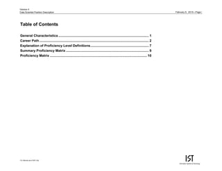 February 9, 2015—Page i
For internal use of MIT only.
Version 4
Data Scientist Position Description
Table of Contents
General Characteristics................................................................................................ 1
Career Path .................................................................................................................... 2
Explanation of Proficiency Level Definitions.............................................................. 7
Summary Proficiency Matrix ........................................................................................ 9
Proficiency Matrix ....................................................................................................... 10
 