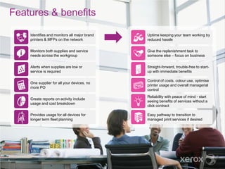 Features & benefits
5
Control of costs, colour use, optimise
printer usage and overall managerial
control
Reliability with peace of mind - start
seeing benefits of services without a
click contract
Straight-forward, trouble-free to start-
up with immediate benefits
Give the replenishment task to
someone else – focus on business
Uptime keeping your team working by
reduced hassle
Easy pathway to transition to
managed print services if desired
Identifies and monitors all major brand
printers & MFPs on the network
Alerts when supplies are low or
service is required
Create reports on activity include
usage and cost breakdown
One supplier for all your devices, no
more PO
Monitors both supplies and service
needs across the workgroup
Provides usage for all devices for
longer term fleet planning
 